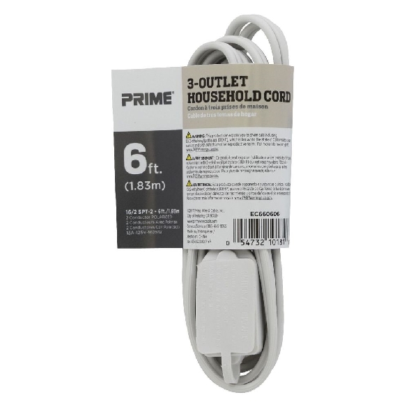 Extension Cord, Prime, Plug, 6 ft L, 16/2 SPT-2, 13 A, 125 V, White - 3