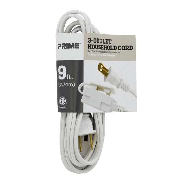 Prime EC660609 Extension Cord, 16 AWG Cable, Plug, 9 ft L, 13 A, 125 V, White - 2