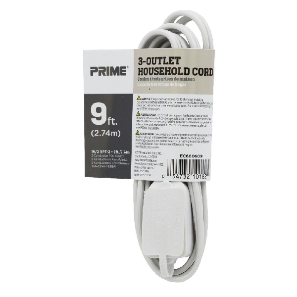 Prime EC660609 Extension Cord, 16 AWG Cable, Plug, 9 ft L, 13 A, 125 V, White - 3