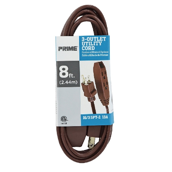 Utility Extension Cord, Prime, 16 AWG Cable, Plug, 8 ft L, 13 A, 125 V, Brown - 2