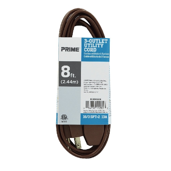 Utility Extension Cord, Prime, 16 AWG Cable, Plug, 8 ft L, 13 A, 125 V, Brown - 3