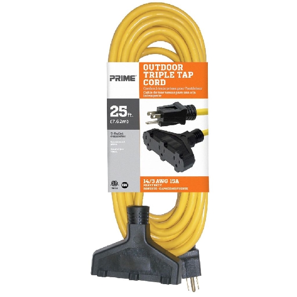 Prime EC600725K Extension Cord, 14 AWG Cable, Plug, 25 ft L, 15 A, 125 V, Yellow - 2