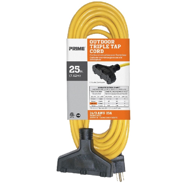 Prime EC600725K Extension Cord, 14 AWG Cable, Plug, 25 ft L, 15 A, 125 V, Yellow - 3