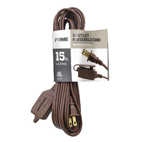 Extension Cord, Prime, 16/2 AWG Cable, 15 ft L, 13 A, 125 V, Brown - 2