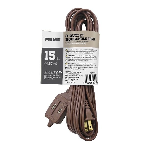 Extension Cord, Prime, 16/2 AWG Cable, 15 ft L, 13 A, 125 V, Brown - 3