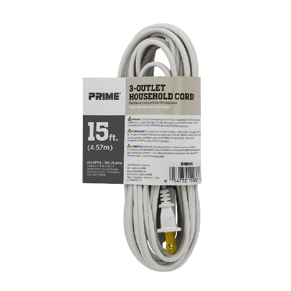Prime EC660615 Extension Cord, 16/2 AWG Cable, 15 ft L, 13 A, 125 V, White - 3