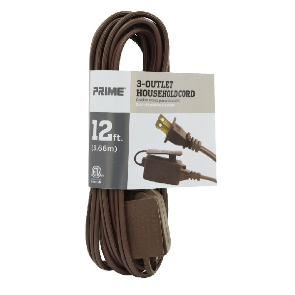 Extension Cord, Prime, 16/2 AWG Cable, 12 ft L, 13 A, 125 V, Brown - 2