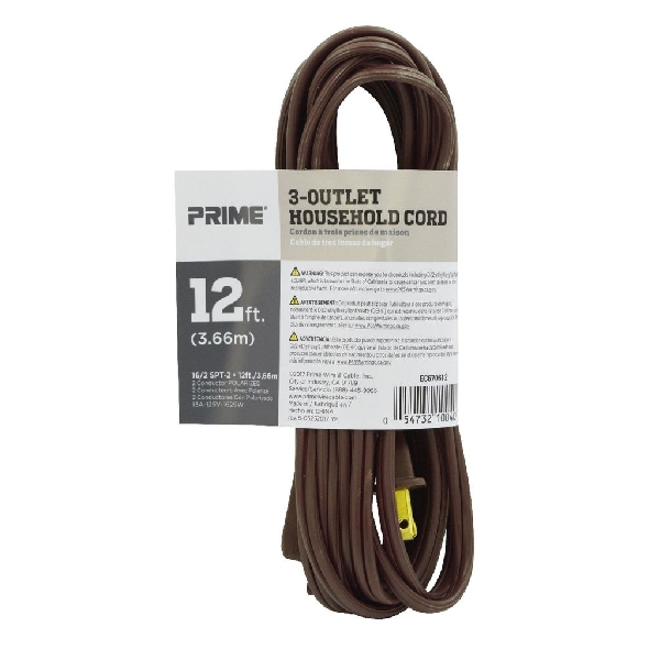 Extension Cord, Prime, 16/2 AWG Cable, 12 ft L, 13 A, 125 V, Brown - 3