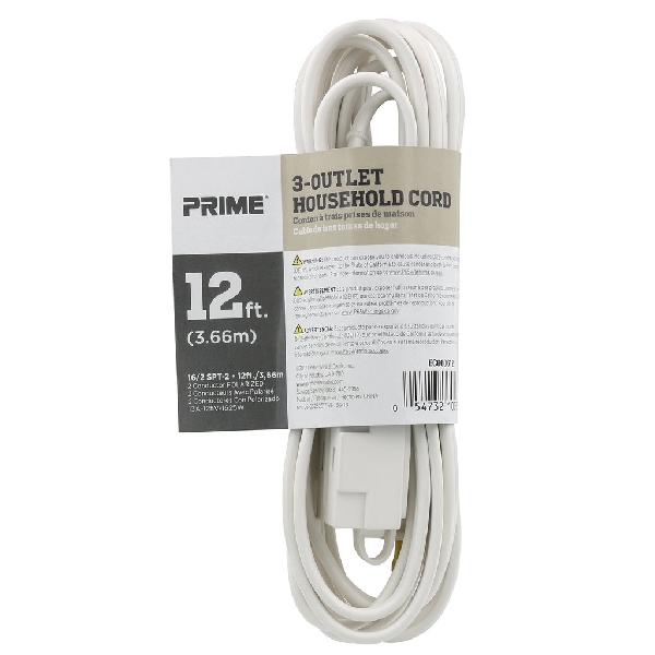 Prime EC660612 Extension Cord, 16 AWG Cable, Plug, 12 ft L, 13 A, 125 V, White - 3