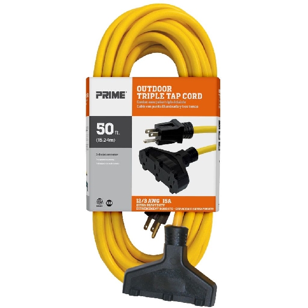 Extension Cord, Prime, 12 AWG Cable, Plug, 50 ft L, 15 A, 125 V, Yellow - 2