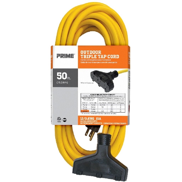 Extension Cord, Prime, 12 AWG Cable, Plug, 50 ft L, 15 A, 125 V, Yellow - 3