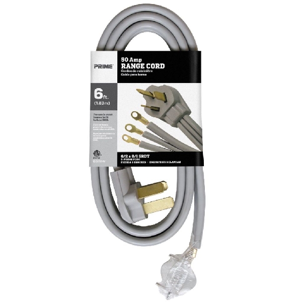 Range Cord, Prime, Ring Terminal, 6 ft L, 50 A, 125/250 V, Gray - 2