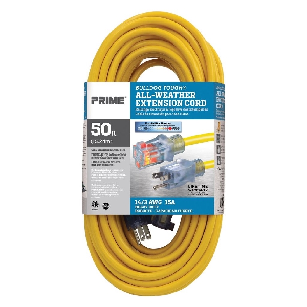 Extension Cord, Prime, 14 AWG Cable, Grounded Plug, 50 ft L, 15 A, 125 V, Yellow - 2