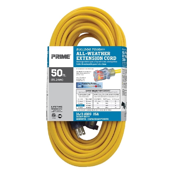 Extension Cord, Prime, 14 AWG Cable, Grounded Plug, 50 ft L, 15 A, 125 V, Yellow - 3