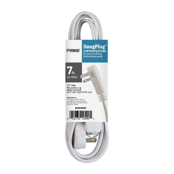 Extension Cord, Prime, 16 AWG Cable, Plug, 7 ft L, 13 A, 125 V, White - 2