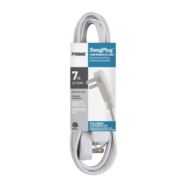 Extension Cord, Prime, 16 AWG Cable, Plug, 7 ft L, 13 A, 125 V, White - 3