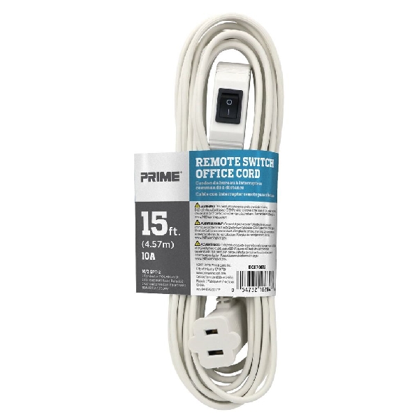 Extension Cord, Prime, 16 AWG Cable, Plug, 15 ft L, 10 A, 125 V, White - 5