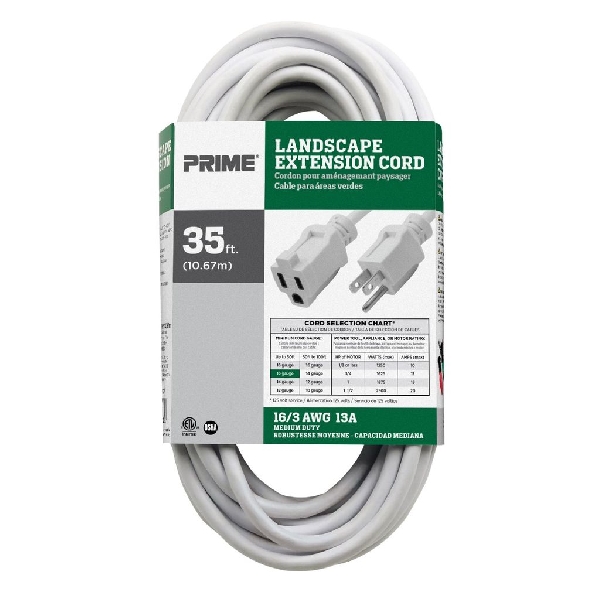 Extension Cord, Prime, 16 AWG Cable, Plug, 35 ft L, 13 A, 125 V, White - 3