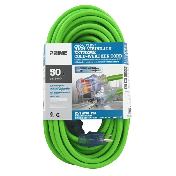 Extension Cord, Prime, 12 AWG Cable, Grounded Plug, 50 ft L, 15 A, 125 V, Green - 4
