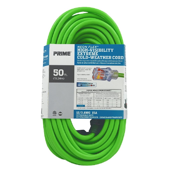 Extension Cord, Prime, 12 AWG Cable, Grounded Plug, 50 ft L, 15 A, 125 V, Green - 5