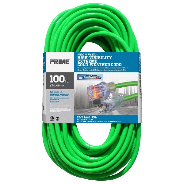Prime Neon Flex NS512835 Extension Cord, 12 AWG Cable, Grounded Plug, 100 ft L, 15 A, 125 V, Green