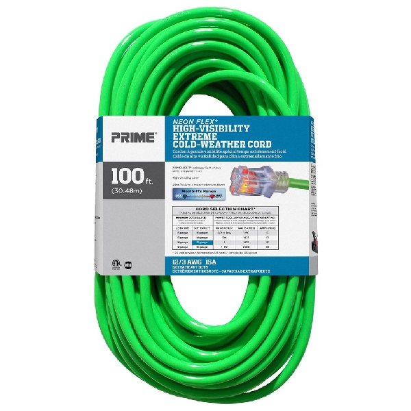 Prime Neon Flex NS512835 Extension Cord, 12 AWG Cable, Grounded Plug, 100 ft L, 15 A, 125 V, Green