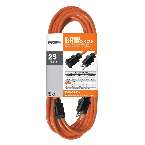 Extension Cord, Prime, 16/3 SJTW, 25 ft L, 13 A, 125 V, Orange - 3