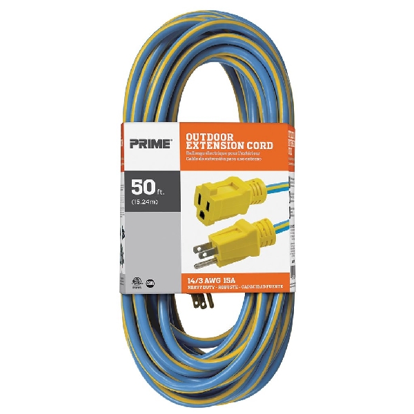Extension Cord, Prime, 14 AWG Cable, Plug, 50 ft L, 15 A, 125 V, Blue/Yellow - 2