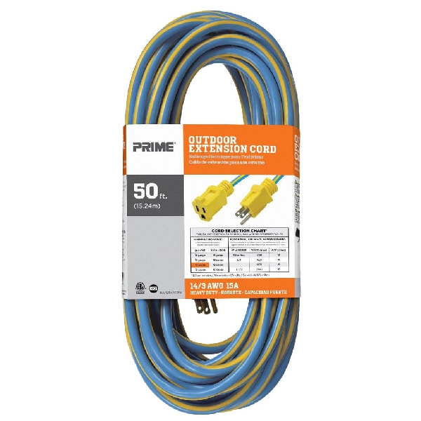 Extension Cord, Prime, 14 AWG Cable, Plug, 50 ft L, 15 A, 125 V, Blue/Yellow - 3