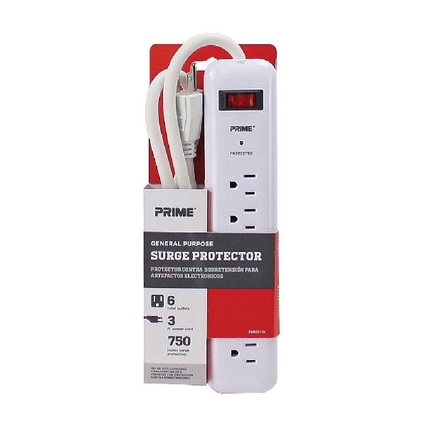 Prime PB802124 Surge Protector, 125 V, 15 A, 6 -Outlet, 750 J Energy, <1 ns Response, Gray/White - 3