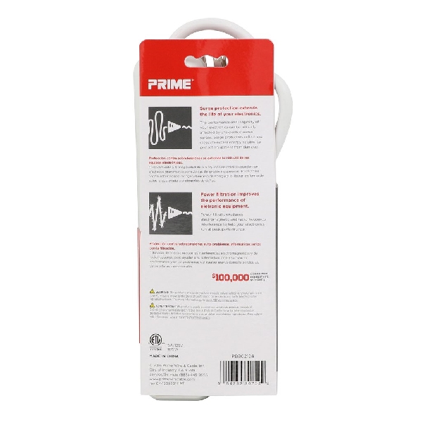 Prime PB802124 Surge Protector, 125 V, 15 A, 6 -Outlet, 750 J Energy, <1 ns Response, Gray/White - 4