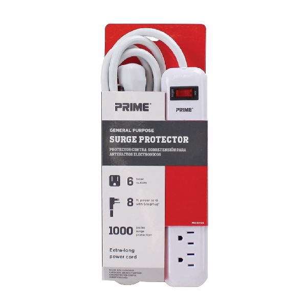 Prime PB802126 Surge Protector, 125 V, 15 A, 6 -Outlet, 1000 J Energy, <1 ns Response, Gray/White - 4