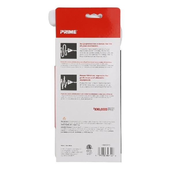 Prime PB802126 Surge Protector, 125 V, 15 A, 6 -Outlet, 1000 J Energy, <1 ns Response, Gray/White - 5