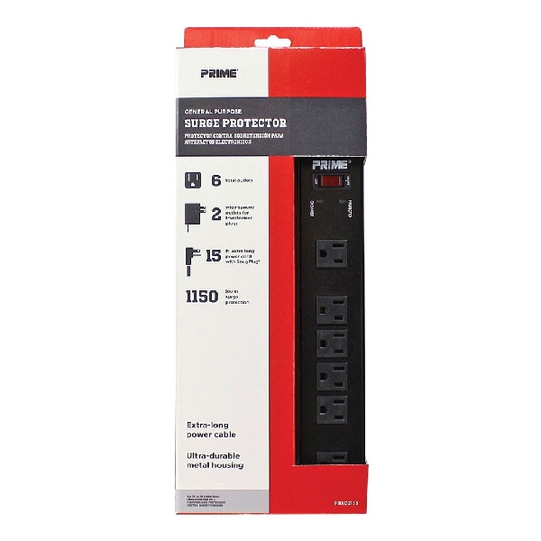 Surge Protector, Prime, 125 V, 15 A, 6 -Outlet, 15ft Cord, 1150 J Energy, Black - 5