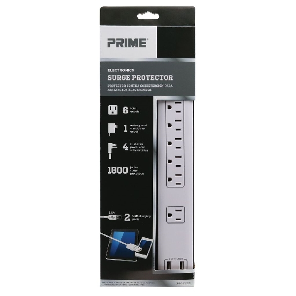 Surge Protector with USB Charger, Prime, 125 V, 15 A, 6 -Outlet, 4ft Cord, 1800 J Energy, White - 5