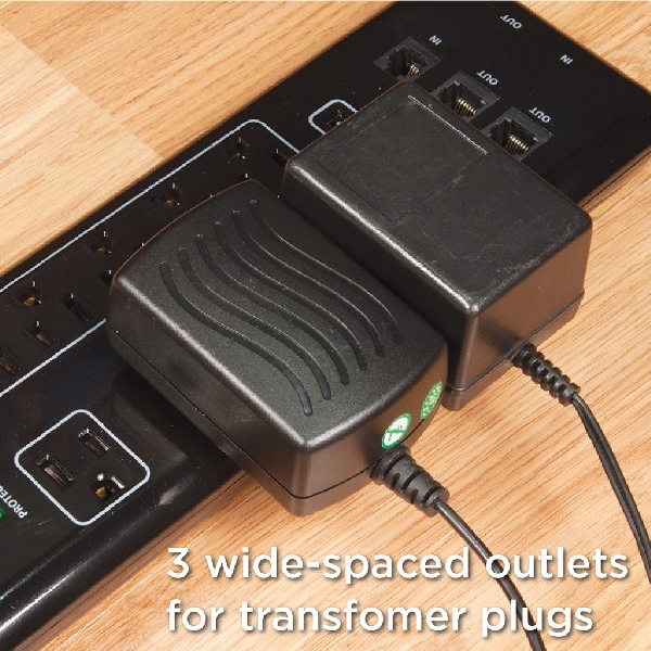 Surge Protector with USB Charger, Prime, 125 V, 15 A, 8 -Outlet, 3600 J Energy, Black - 3
