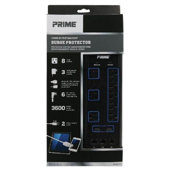 Surge Protector with USB Charger, Prime, 125 V, 15 A, 8 -Outlet, 3600 J Energy, Black - 5