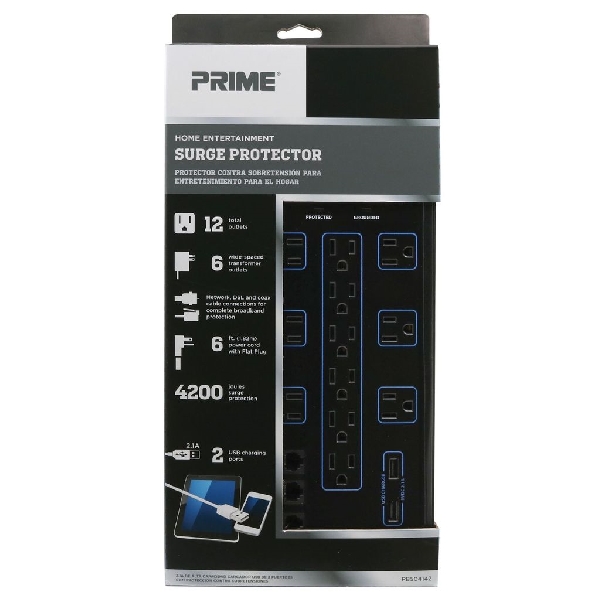 Prime PB504142 Surge Protector with USB Charger, 125 V, 15 A, 12 -Outlet, 4200 J Energy, Black - 4