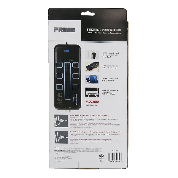 Prime PB504142 Surge Protector with USB Charger, 125 V, 15 A, 12 -Outlet, 4200 J Energy, Black - 5