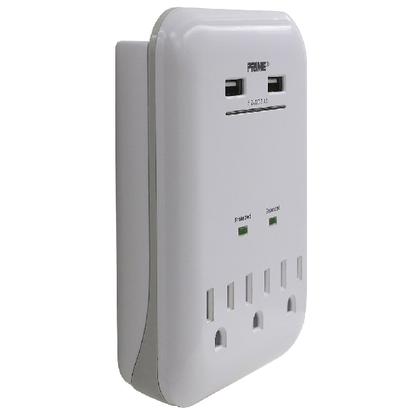 Surge Protector with USB Charger, Prime, 125 V, 15 A, 3 -Outlet, 950 J Energy, White - 2