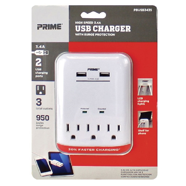 Surge Protector with USB Charger, Prime, 125 V, 15 A, 3 -Outlet, 950 J Energy, White - 5