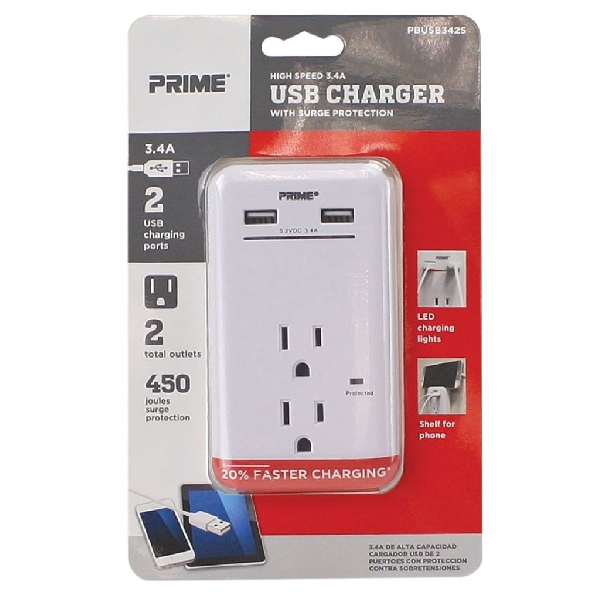 Surge Protector with USB Charger, Prime, 125 V, 15 A, 2 -Outlet, 450 J Energy, White - 4