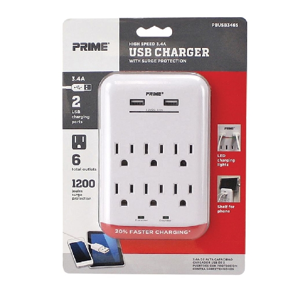 Surge Protector with USB Charger, Prime, 125 V, 15 A, 6 -Outlet, 1200 J Energy, White - 4