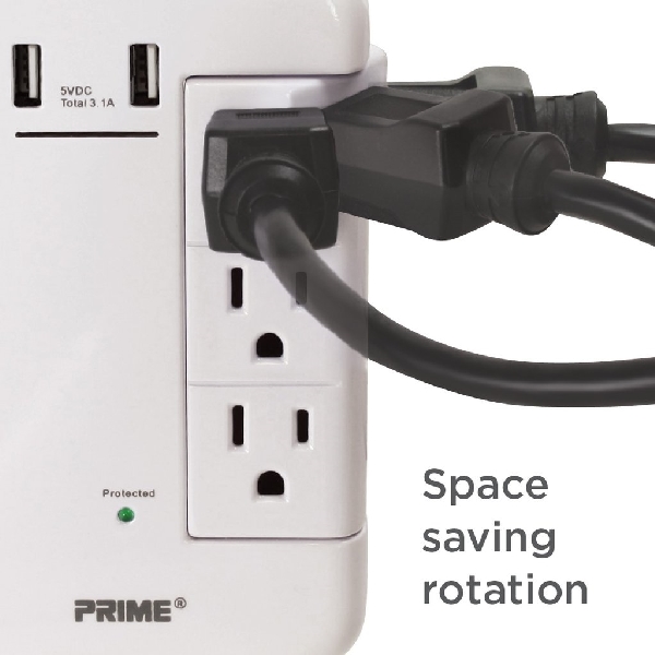 Surge Protector with USB Charger, Prime, 125 V, 15 A, 6 -Outlet, 1200 J Energy, White - 2