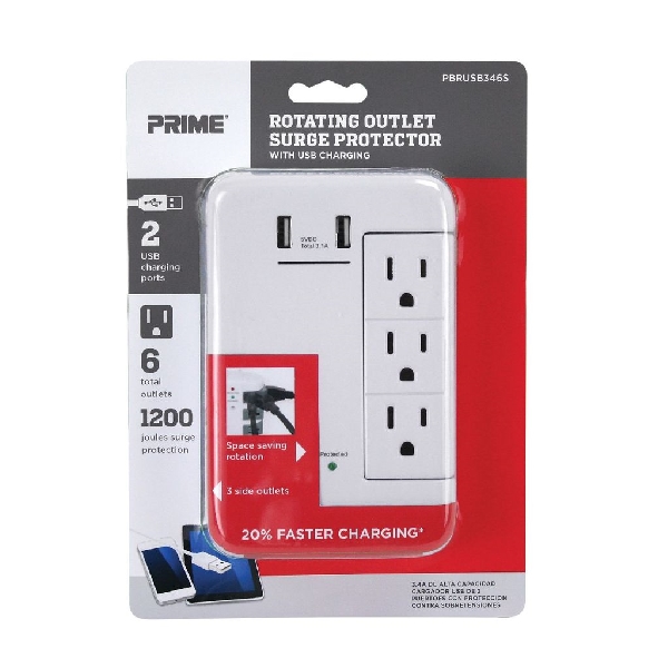 Surge Protector with USB Charger, Prime, 125 V, 15 A, 6 -Outlet, 1200 J Energy, White - 3