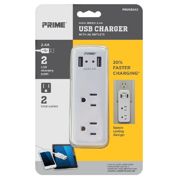 Prime PBUSB242 USB Charger, 15 A, 125 V, 2 -USB Port, White - 4