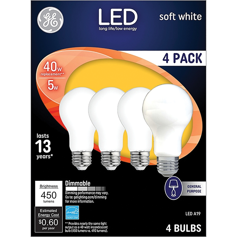 93098311 LED Bulb, General Purpose, 450 Lumens, 5 W, A19 Lamp, 40 W Equivalent, Medium Lamp Base