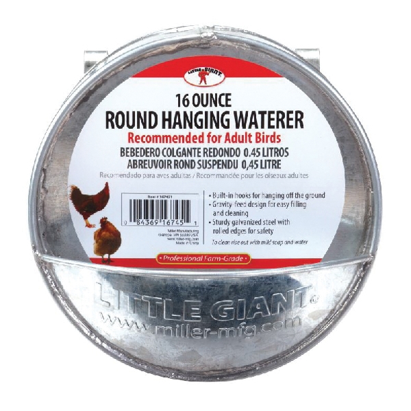 167451 Poultry Waterer, 1 pt Capacity, Galvanized Steel, Hanging Mounting