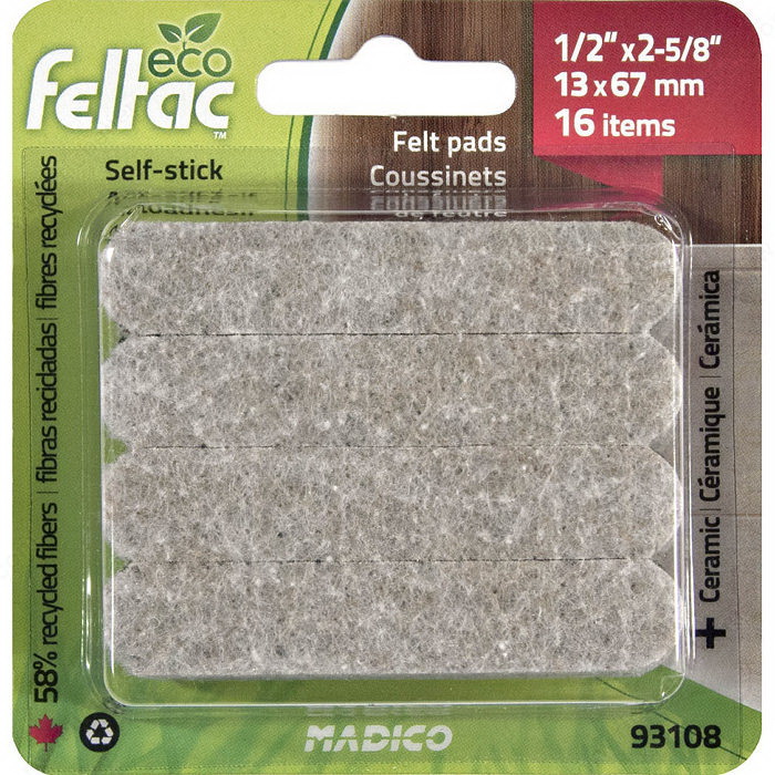 Madico Eco Feltac TruGuard 93108TV Felt Pad, Fiber/Polyester, Beige, 1/2 in L, 2-5/8 in W, Rectangular/Strip - 2