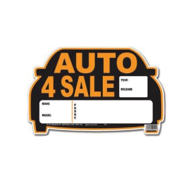 22121 Die-Cut Sign, AUTO 4 SALE, Orange Legend, Black Background, Polystyrene, 13 in W x 8-1/2 in H Dimensions